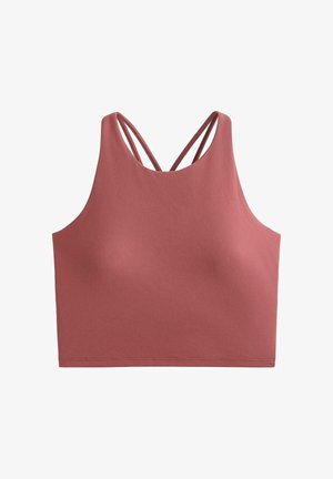 Ružičasti crop top od mekog materijala, s visokim izrezom i dvostrukim trakama koje stvaraju križnu formu na leđima.