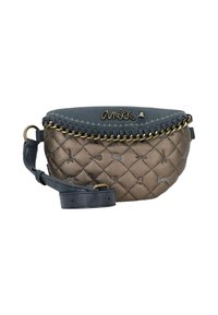 Borsa a tracolla in pelle marrone trapuntata con dettagli in oro e accenti blu. Presenta un bordo intrecciato e una tracolla regolabile. Logo sul fronte.