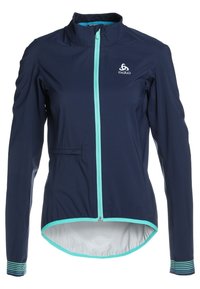 Veste de cyclisme bleu marine avec fermeture à glissière complète, col montant et accents turquoise. Manches longues avec poignets rayés, matériau léger et poche arrière.