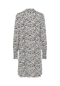 Schwarz-weißes Tierdruckkleid mit langen Ärmeln, hohem Kragen und lässigem Schnitt. Hergestellt aus leichtem Stoff mit strukturierter Oberfläche.