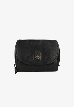 Portefeuille en cuir noir avec une finition texturée, arborant un emblème d'ancre en bronze et un compartiment zippé, avec une fermeture à rabat incurvé.