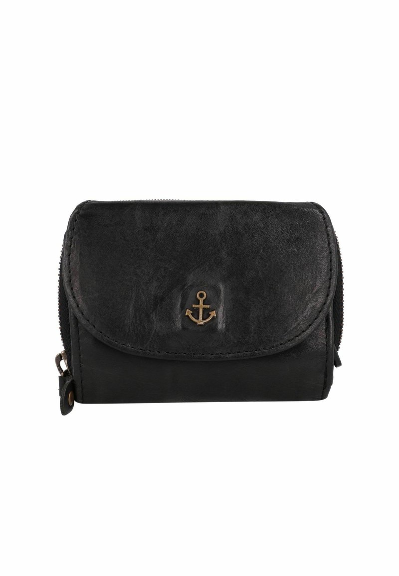 Black leather wallet with a textured finish, featuring a bronze anchor emblem and a zippered compartment, curved flap closure.