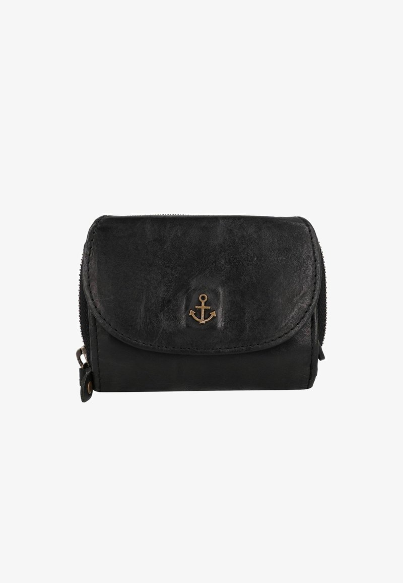Portafoglio in pelle nera con finitura testurizzata, dotato di un emblema a forma di ancora in bronzo e di un compartimento con zip, chiusura a patta curva.