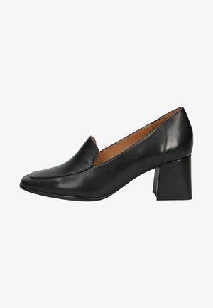 Chaussure à talon noire en cuir avec un design effilé, bout carré et talon moyen en bloc. Texture lisse avec des détails de couture minimaux.