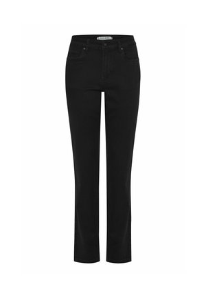Black denim jeans with a straight cut, featuring a high waist, five-pocket design, and a button closure at the front. Smooth texture.