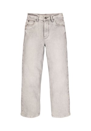 Light grey straight-leg denim jeans with front button and zipper, belt loops, and five-pocket design.