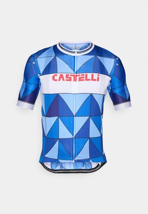Short-sleeve cycling jersey features a geometric pattern of blue tones with a front zipper and bold red "CASTELLI" logo across the chest.
