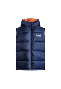Chaleco sin mangas de plumas color azul marino con capucha, con un interior naranja, cremallera frontal y el logo "Red Bull Racing" en blanco.
