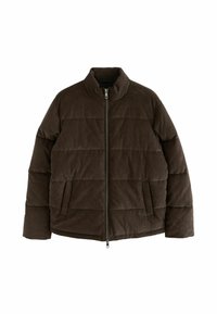 Brun puffjakke med høj krave, quiltet design, frontlynlås og sidelommer. Materialet ser blødt ud med en tekstureret overflade.