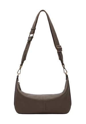 Brown textured leather shoulder bag with adjustable fabric strap and gold-tone clasp attachments, branded front center.