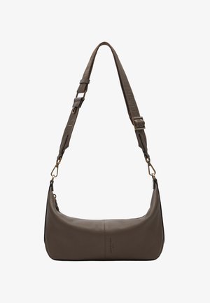 Brown textured leather shoulder bag with adjustable fabric strap and gold-tone clasp attachments, branded front center.