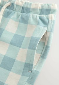 Shorts à carreaux bleu clair et blanc en tissu doux, dotés d'une taille élastique et de poches latérales. Texture lisse avec des coutures soignées.