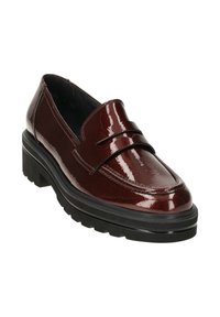 Bordowe lakierowane mokasyny na niskiej platformie, z przeszytym wierzchem i podwyższoną taśmą z przodu.