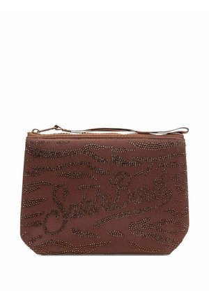 Bustina marrone con zip, con motivi di perline lavorate e la scritta "Saint Barth" sul davanti.