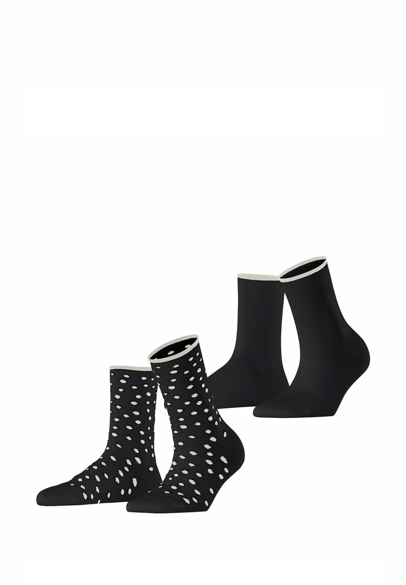 Schwarzes Socken-Set mit einem Paar, das weiße Pünktchen und gerippte Bündchen hat, und einem anderen Paar, das aus elastischem, einfarbig schwarzem Stoff besteht.