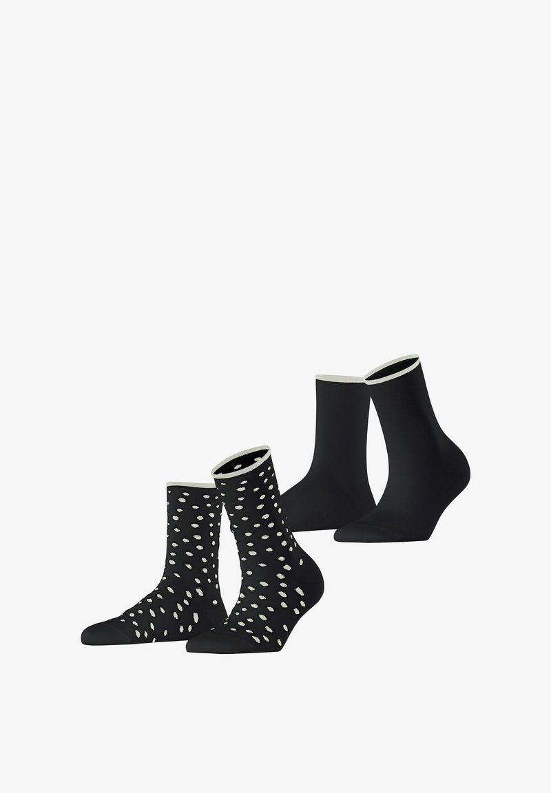 Schwarzes Socken-Set mit einem Paar, das weiße Pünktchen und gerippte Bündchen hat, und einem anderen Paar, das aus elastischem, einfarbig schwarzem Stoff besteht.