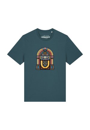 Teal short-sleeve t-shirt with a colorful vintage jukebox graphic centered on the front.