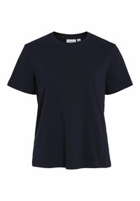Marineblå bomulls t-skjorte med rund hals, korte ermer og en avslappet passform, med en glatt tekstur og minimalistisk design.