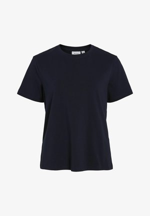 T-paita merenkijakankaan sinistä puuvillaa, jossa on pyöreä pääntie, lyhyet hihat ja rento malli. Paita on sileäpintainen ja siinä on minimalistischinen design.