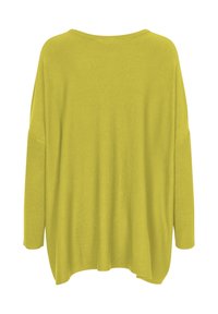 Pull à manches longues de couleur jaune vif, avec une coupe ample, un col large et un tissu texturé avec des accents côtelés aux manches.