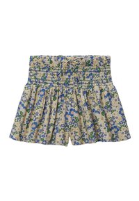 Shorts fleuris avec taille smockée, arborant un motif bleu et vert sur un fond beige. Tissu léger avec une coupe décontractée.