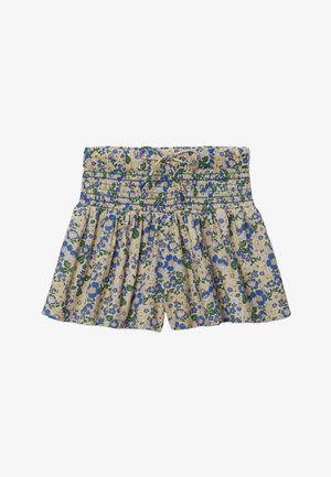 Shorts fleuris avec taille smockée, arborant un motif bleu et vert sur un fond beige. Tissu léger avec une coupe décontractée.