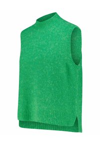 Gilet sans manches en tricot vert avec un col montant côtelé et des fentes latérales, présenté sur un fond blanc.