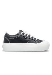 Black leather sneakers with a textured surface, white rubber sole, and contrasting white laces. Features a subtle logo on the side.