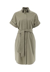 Abito camicia in khaki realizzato in un tessuto leggero, presenta un colletto, maniche corte arrotolate e una vita con cintura per una vestibilità regolabile.
