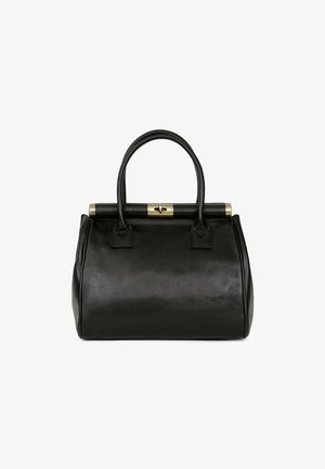 Schwarze Lederhandtasche mit abgerundeter Form, zwei oberen Griffen und einem goldfarbenen Verschluss. Glatte Oberfläche ohne sichtbare Muster oder Akzente.