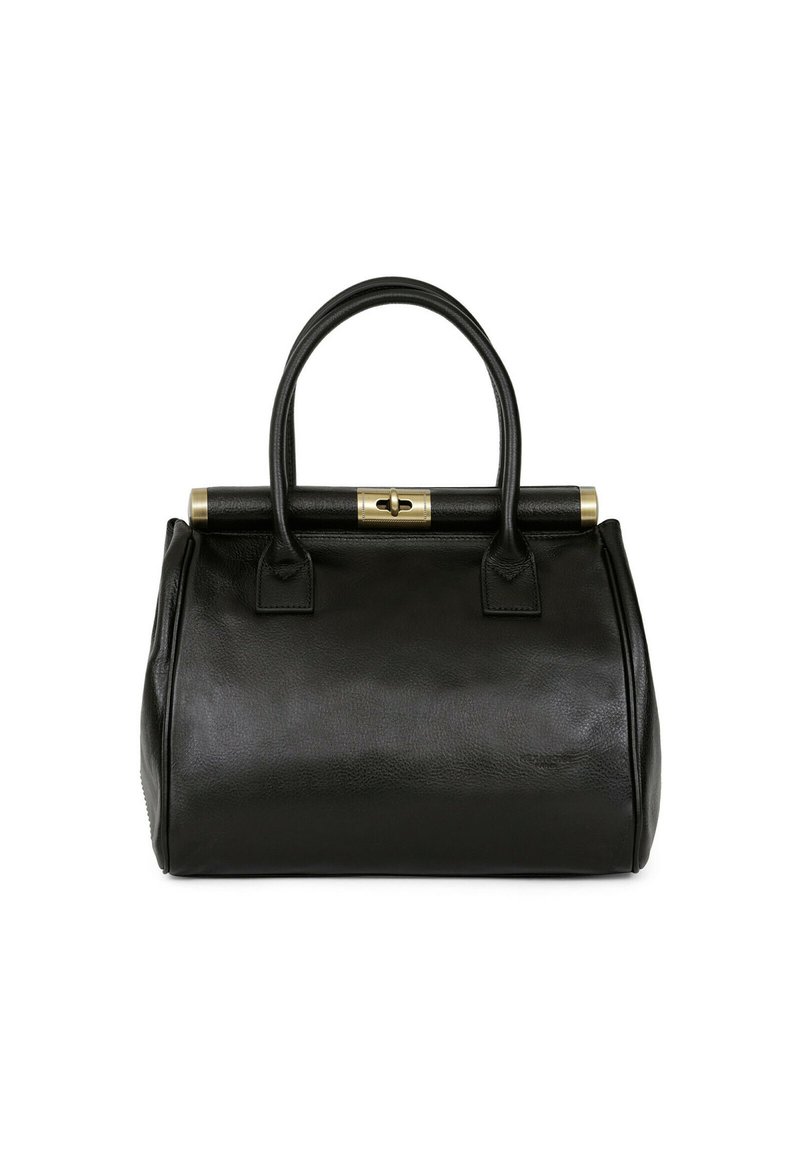 Czarna skórzana torebka o okrągłym kształcie, z dwiema górnymi rączkami i zapięciem w złotym odcieniu. Gładka tekstura bez widocznych wzorów czy akcentów.