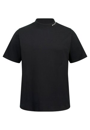 Zwarte T-shirt met korte mouwen en hoge hals. Gemaakt van katoen. Kenmerkt zich door een subtiele logo op de kraag en een gladde, uniforme textuur.