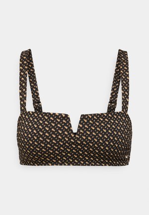 Svart mønstrete bikini topp med v-hals design og brede stropper. Den teksturerte stoffet har et geometrisk mønster med brune aksenter.