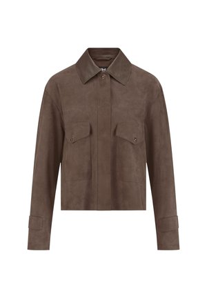 Brown suede cropped jacket with long sleeves, pointed collar, front button closure, and two flap chest pockets with buttons.