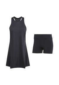 Schwarzes Sportset bestehend aus einem ärmellosen Tanktop mit Racerback-Design und passenden Shorts bis zur Mitte des Oberschenkels. Hergestellt aus leichtem, glattem Stoff.