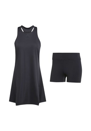 Black athletic set featuring a sleeveless tank top with racerback design and matching mid-thigh shorts. Made of lightweight, smooth fabric.