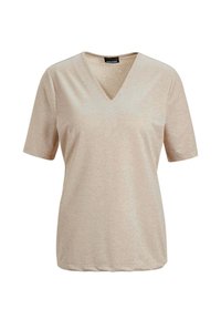 Beige, kurzärmeliges V-Neck T-Shirt aus weichem Stoff mit einem dezenten Glanz, das einen lässigen Schnitt hat und keine sichtbaren Muster oder Akzente aufweist.