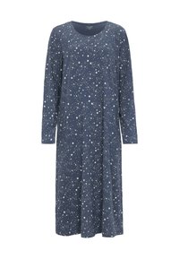 Mörkblå långärmad klänning i mjukt tyg, med ett spritt stjärnmönster i vitt. Den har en rund halsringning och en lös passform.