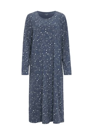 Marineblaues langärmeliges Kleid aus weichem Stoff, mit einem verstreuten Sternenmotiv in Weiß. Es hat einen runden Ausschnitt und eine lockere Passform.