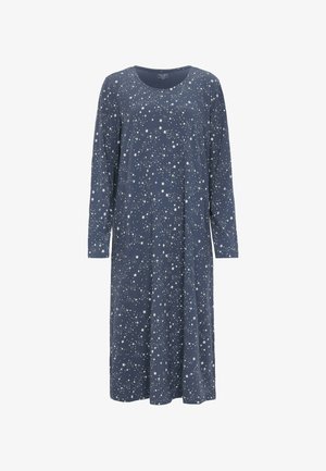 Marineblaues langärmeliges Kleid aus weichem Stoff, mit einem verstreuten Sternenmotiv in Weiß. Es hat einen runden Ausschnitt und eine lockere Passform.