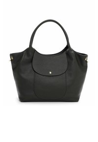 Mustalla nahkalaukulla, jossa on teksturoitu pinta, kaareva muoto, kaksinkertaiset kahvat ja etupuolella oleva tasku, jossa on kultainen napsauta suljin.