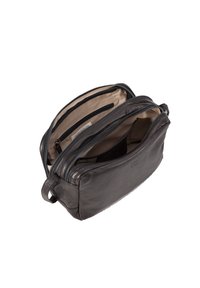 Borsa a tracolla nera in pelle con due scomparti con zip, fodera beige e dettaglio del logo sul davanti. Texture liscia e design compatto.