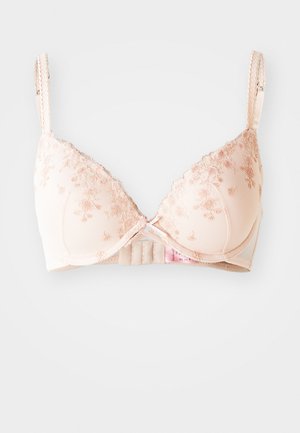 Lichtroze bh met bloemenborduring, voorgemaakte cups, verstelbare bandjes en een haak-en-oogsluiting aan de achterkant. Gladde textuur met kanten accenten.