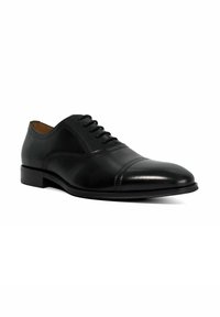 Black leather dress shoe featuring a rounded toe, lace-up design, subtle stitching accents, and a smooth surface finish.