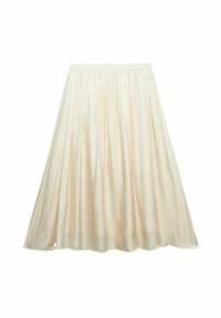 Plisséhond, middellange rok van lichtgewicht, doorschijnende stof in een lichte crème kleur. Elastische tailleband zonder zichtbare patronen of accenten.
