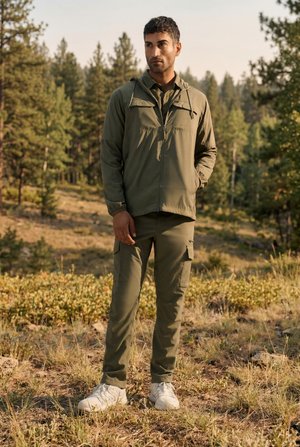 Mann iført olivengrønn jakke og cargobukser står på en gresskledd lysning i skogen med trær i bakgrunnen.