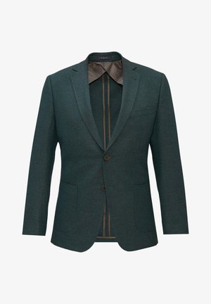 Ciemnozielony żakiet wykonany z teksturowanej tkaniny, z klapami typu notch, zapięciem na dwa guziki oraz dwoma przednimi kieszeniami. Wnętrze wykończone brązową podszewką.