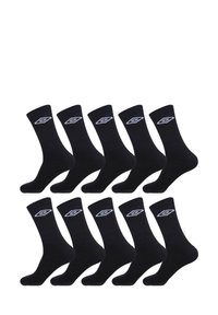 Chaussettes en coton noires, longueur crew, avec un logo blanc sur le dessus. Le paquet contient dix paires avec une texture lisse.