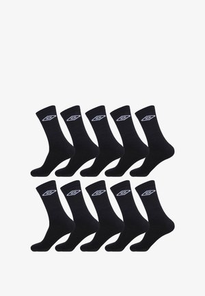 Chaussettes en coton noires, longueur crew, avec un logo blanc sur le dessus. Le paquet contient dix paires avec une texture lisse.