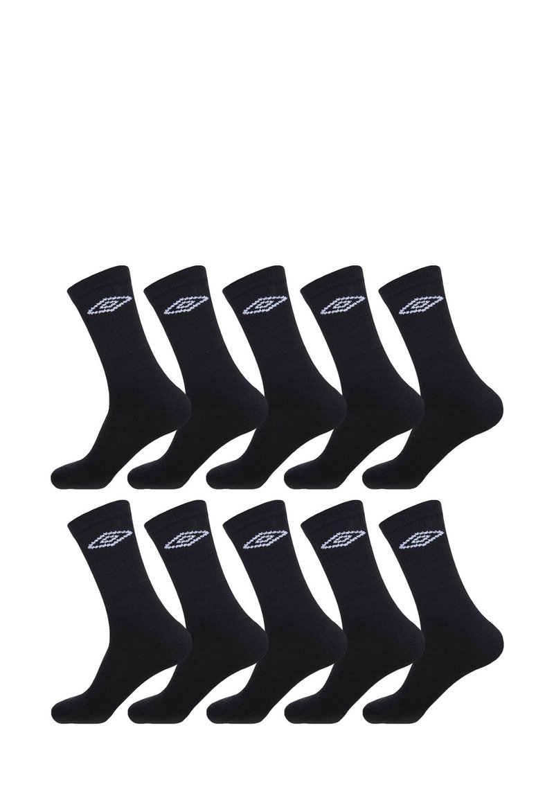 Chaussettes en coton noires, longueur crew, avec un logo blanc sur le dessus. Le paquet contient dix paires avec une texture lisse.